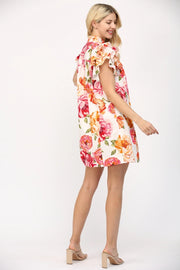 Grandiflora Roses Pintuck Ruffle Sleeve Mini Dress