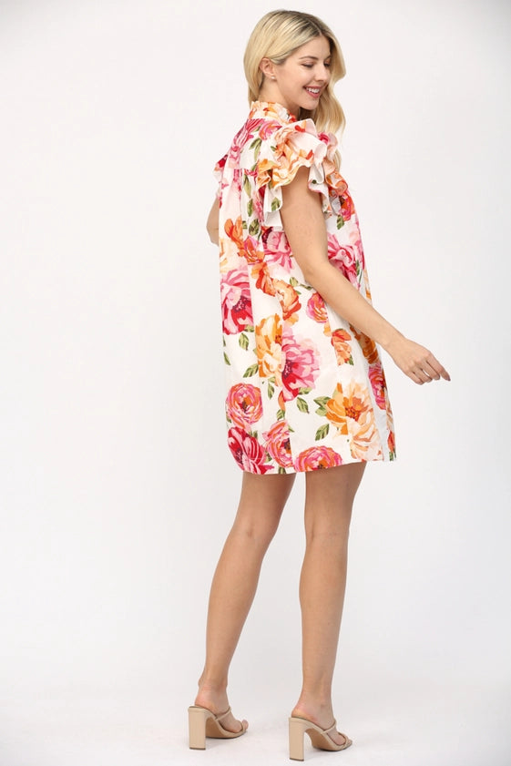 Grandiflora Roses Pintuck Ruffle Sleeve Mini Dress