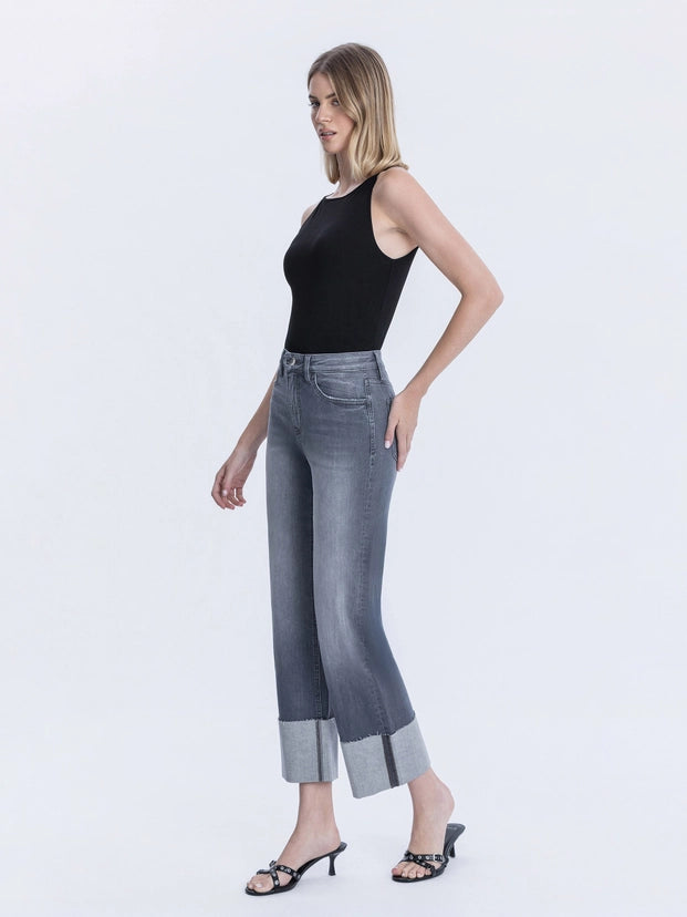 Pokerface High Rise Dark Grey Cuffed Slim Wide Jeans