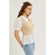 Teagan Sweater Vest Twofer Top with Peter Pan Collar and Ruffled Hem