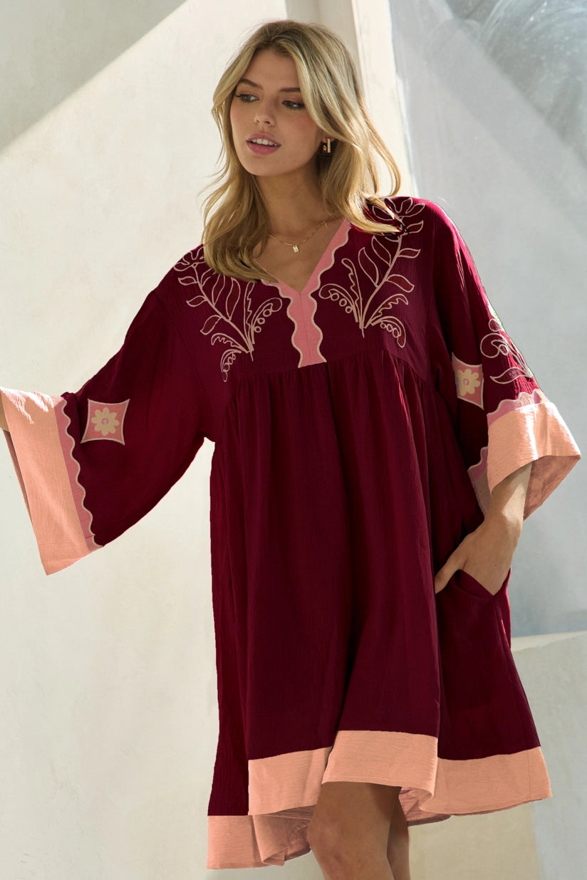 Thistle Peasant-Style Color-Block Embroidered Tunic Mini Dress