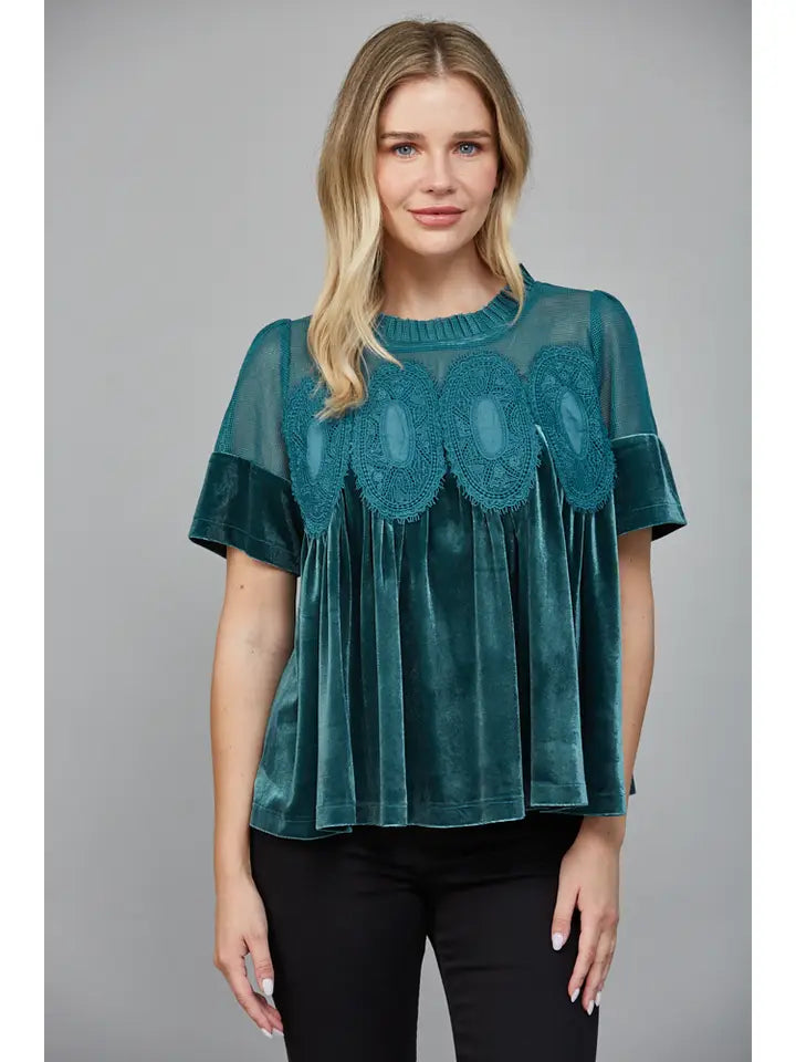 Veda Mesh Lace Applique Velvet Peplum Top by FATE