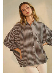 Dasha Striped Button Down 3/4 Sleeve Oversized Shirt
