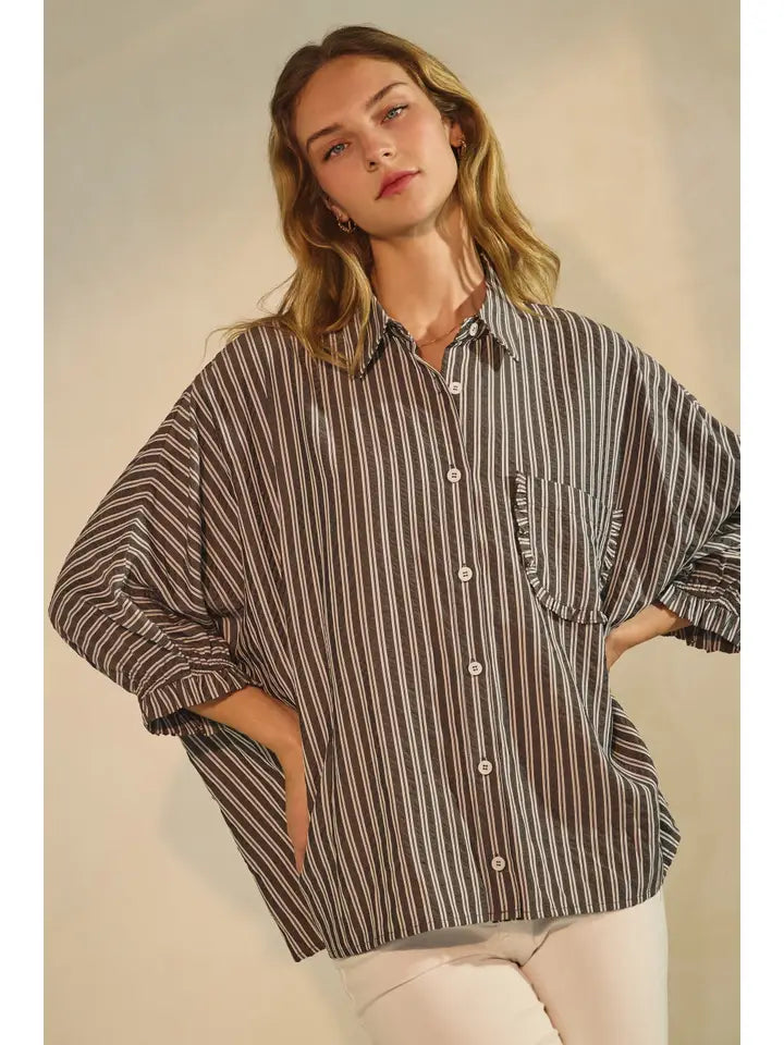 Dasha Striped Button Down 3/4 Sleeve Oversized Shirt