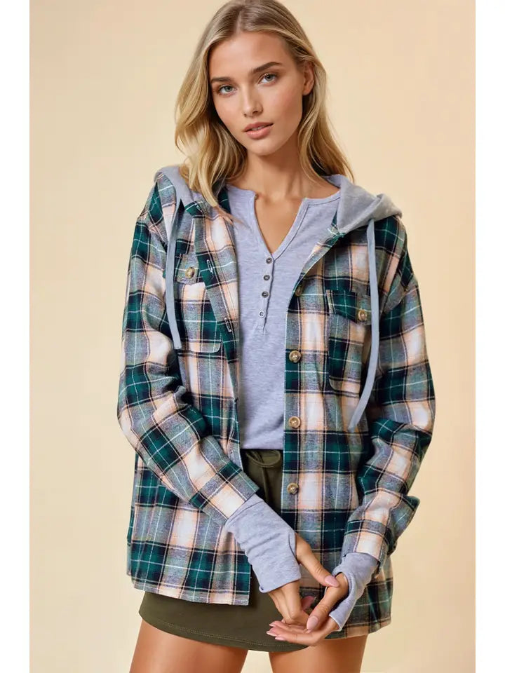 Crockett Hooded Plaid Button Front Shirt Jacket