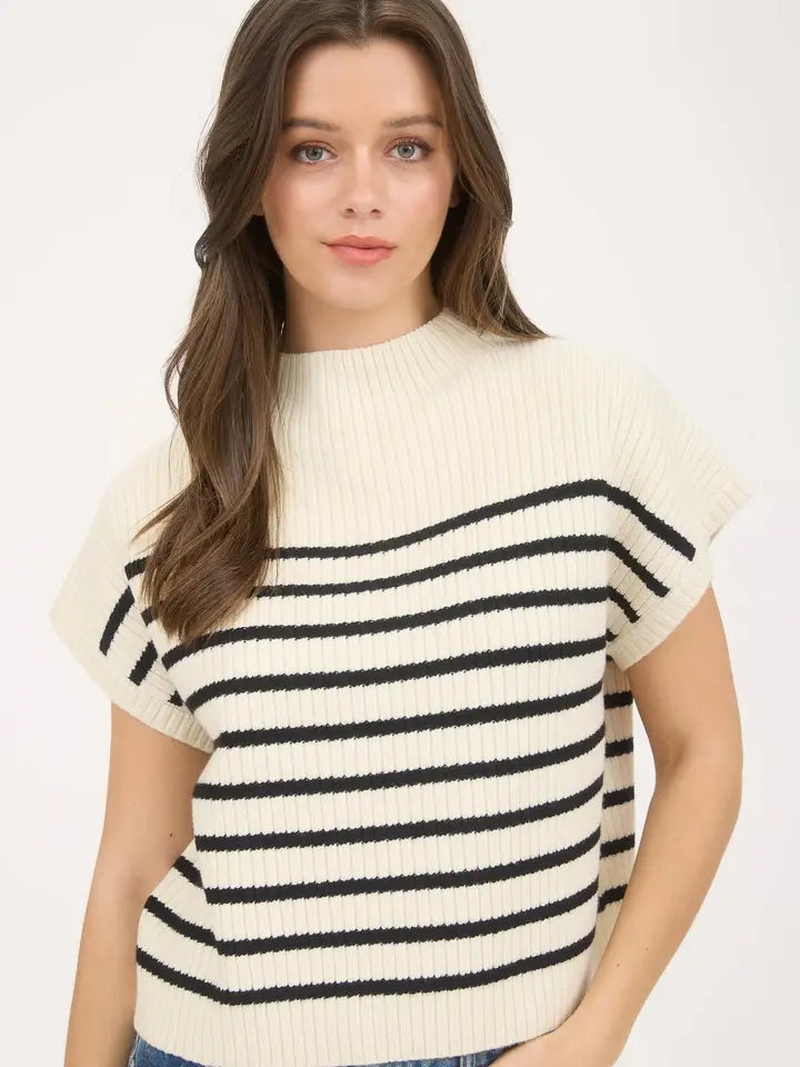 Charla Stripe Mock Neck Short Sleeve Sweater