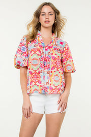 Talavera Colorful Puff Sleeve Print Top