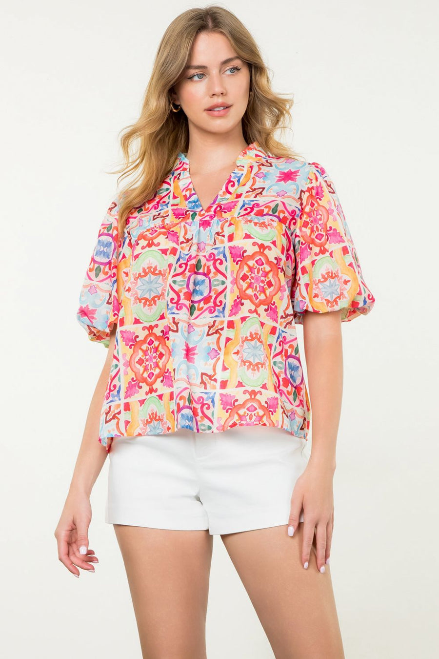 Talavera Colorful Puff Sleeve Print Top