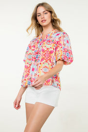 Talavera Colorful Puff Sleeve Print Top