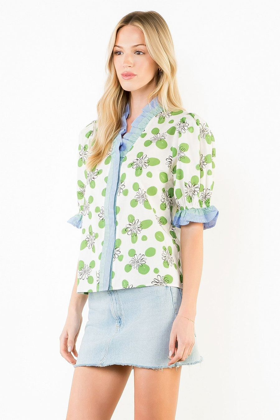 Dotted Daisies Ruffle Trim Blouse by THML