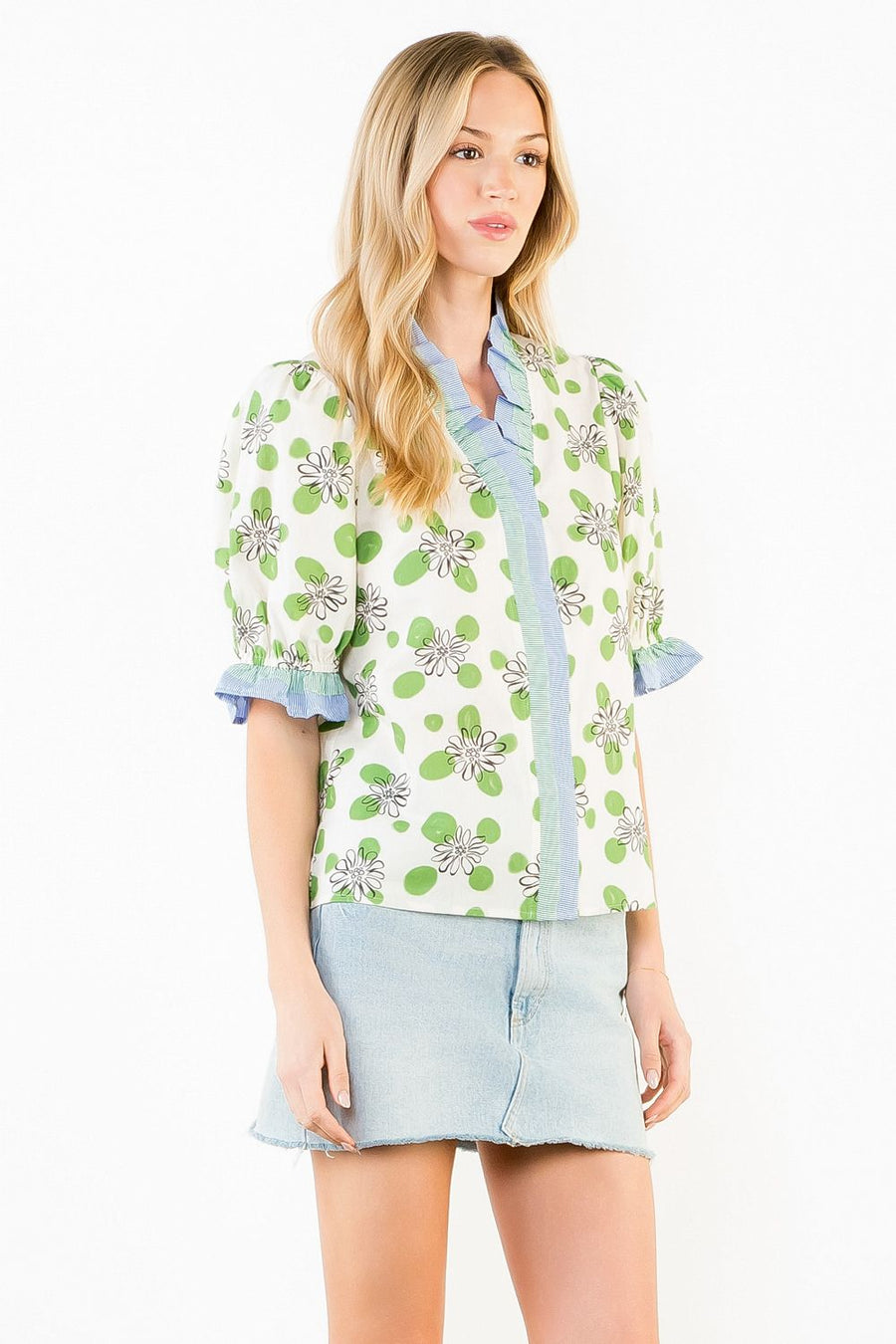 Dotted Daisies Ruffle Trim Blouse by THML