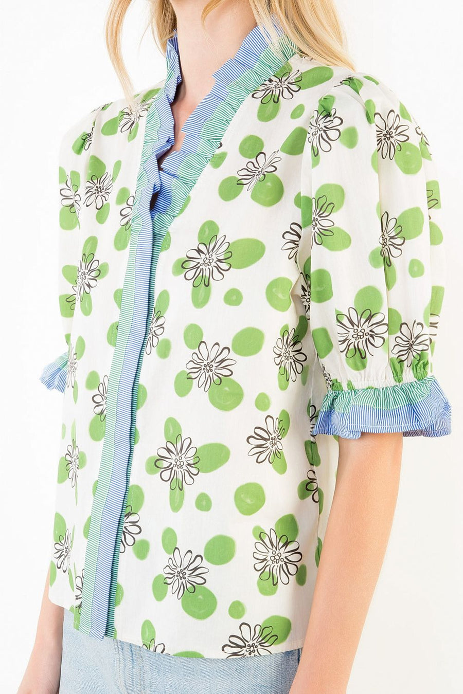 Dotted Daisies Ruffle Trim Blouse by THML