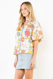 Painted Blooms Floral Print Puff Sleeve V-Neck Top by THML