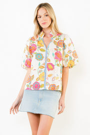 Painted Blooms Floral Print Puff Sleeve V-Neck Top by THML