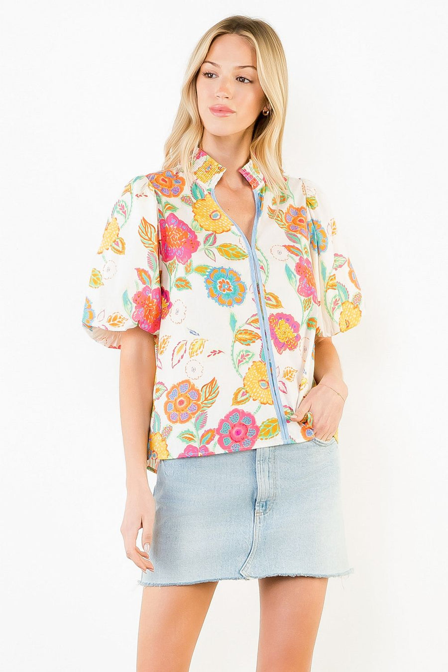Painted Blooms Floral Print Puff Sleeve V-Neck Top by THML