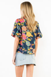 Painted Blooms Floral Print Puff Sleeve V-Neck Top by THML
