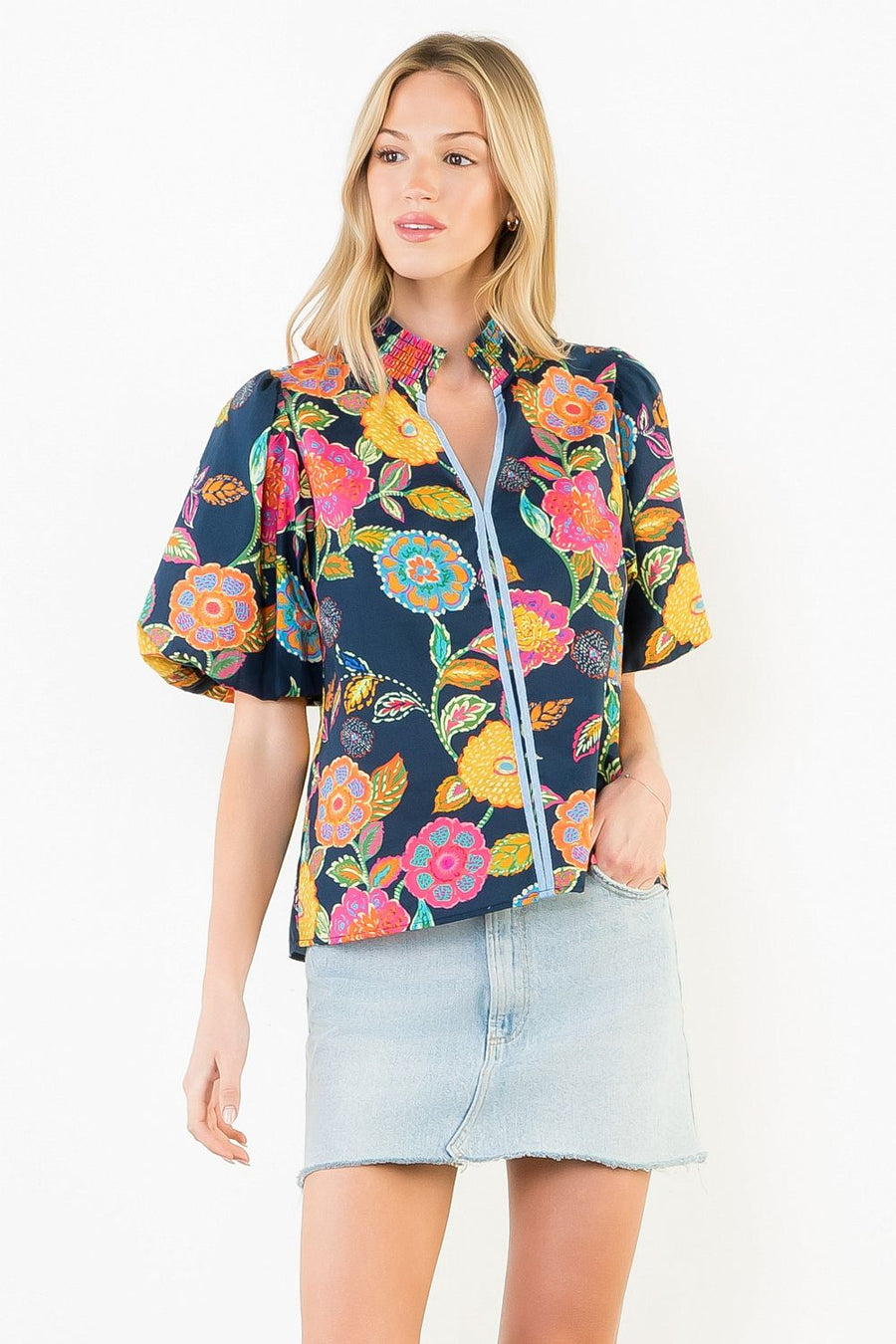 Painted Blooms Floral Print Puff Sleeve V-Neck Top by THML