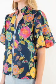 Painted Blooms Floral Print Puff Sleeve V-Neck Top by THML