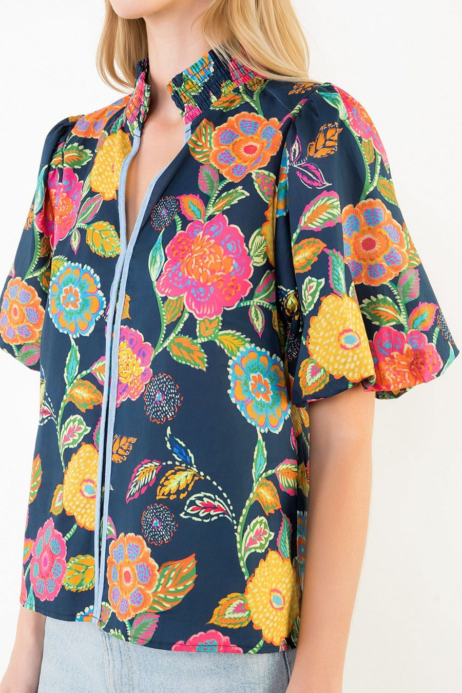 Painted Blooms Floral Print Puff Sleeve V-Neck Top by THML