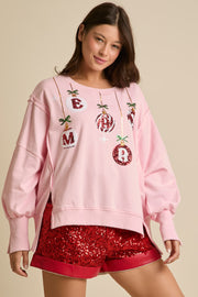 Merry Ornaments Oversized Inside/Outside Terry Pullover in Light Pink