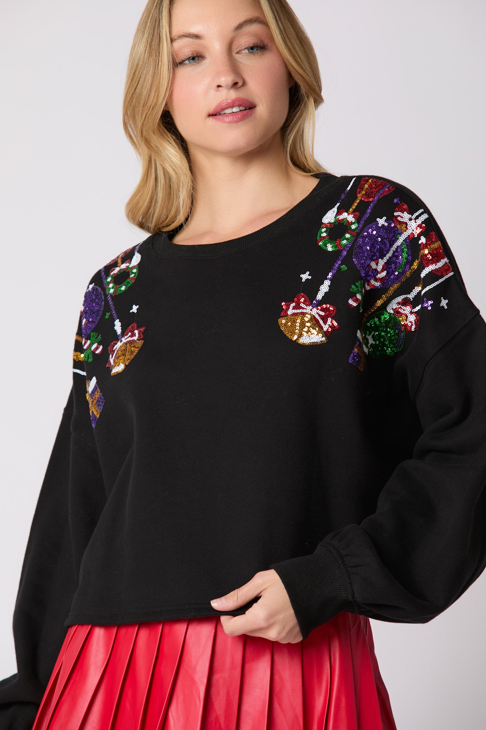 Christmas Ornaments Sequins Embroidery Cropped Terry Pullover Sweatshirt