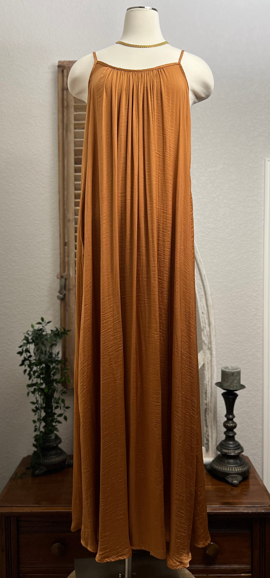 Joy Free Flow Copper Satin Maxi Dress with Adjustable Spaghetti Straps