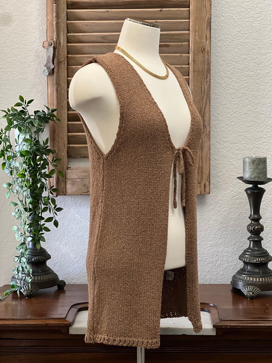 Delaney Sleeveless Knitted Sweater Long Vest with Tie Closure
