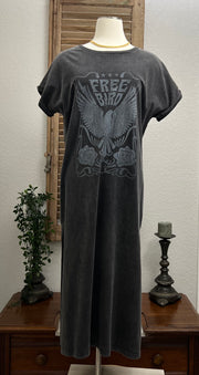 FreeBird Tattoo Roses Short Sleeve Mineral Washed Maxi T-Shirt Dress with Rolled Cuff Sleeves and Side Split - Black