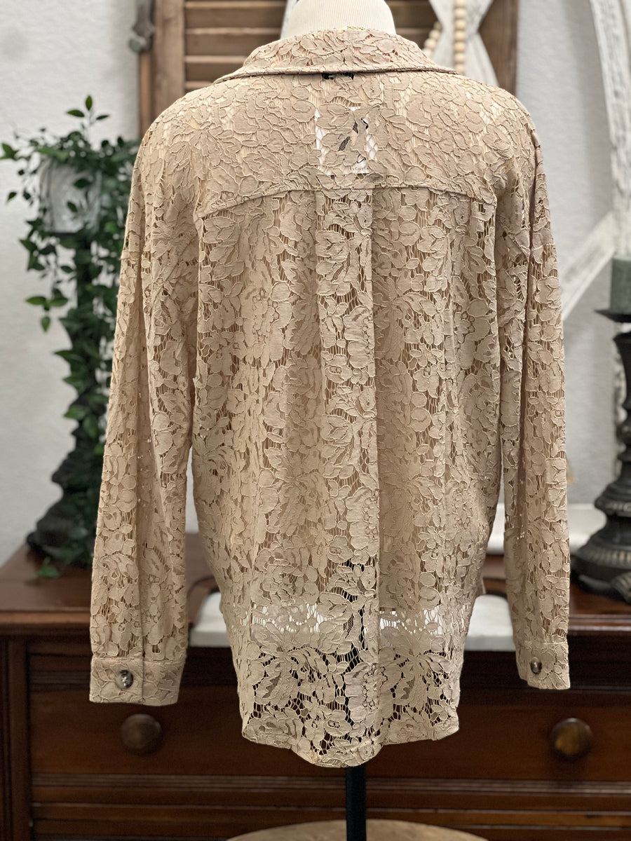 CoCo Sheer Floral Lace Button Up Shacket Top