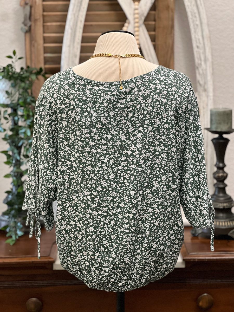 Paula Floral Button Down Top with Tie Accent Half Sleeves