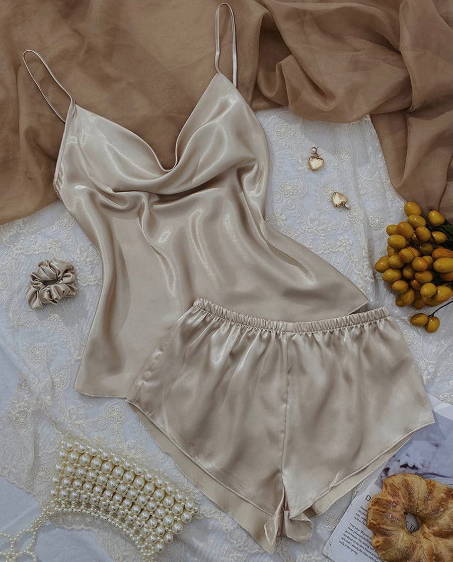 Harper Satin Drape Cowl Tank and Pajama Shortie Lounge Set