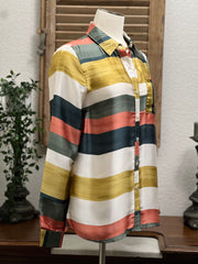 Giselle Wide Paint Stripe Satin Button Front Long Sleeve Shirt