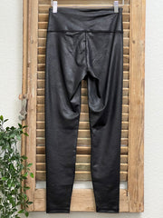 Black Faux Leather Wide Waistband Full Length Yoga Legging Pant