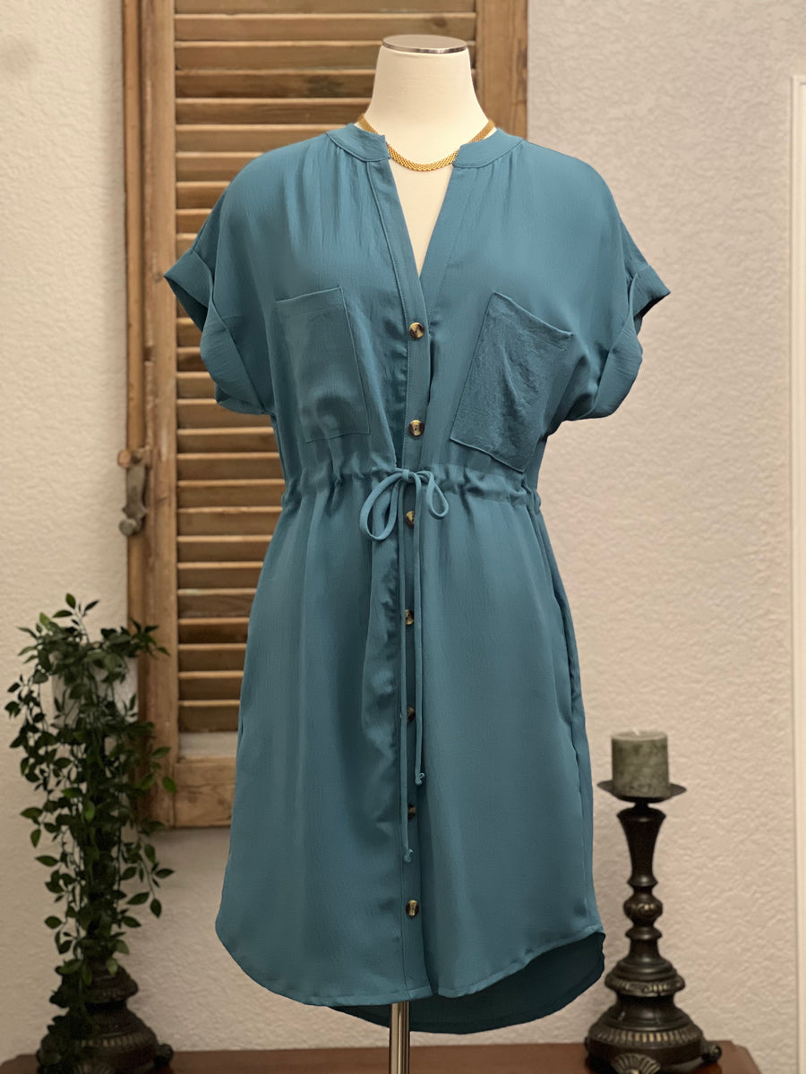 Mia V-Neck Button Front Dolman Sleeve Midi Dress with Cinched Drawstri The 1408 Boutique Lingerie Mia V-Neck Button Front Dolman Sleeve Midi Dress with Cinched Drawstri The 1408 Boutique Lingerie
