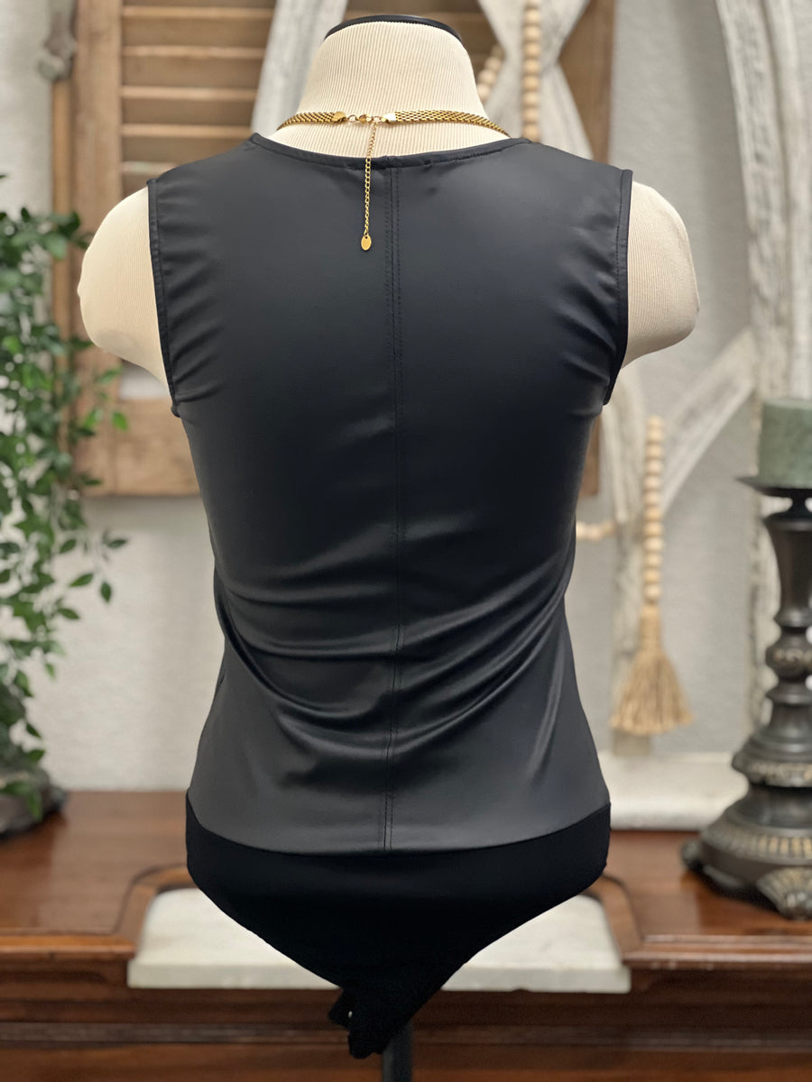 Naomi Faux Leather V-Neckline Sleeveless Bodysuit