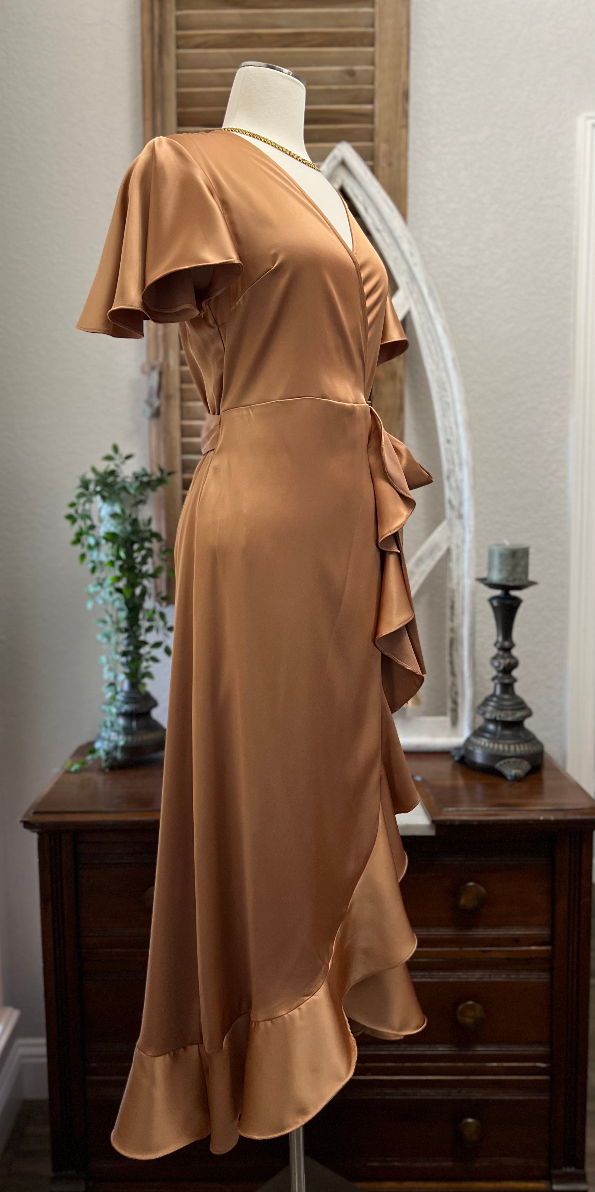 Adonna Champagne Satin Flutter Sleeve Dress