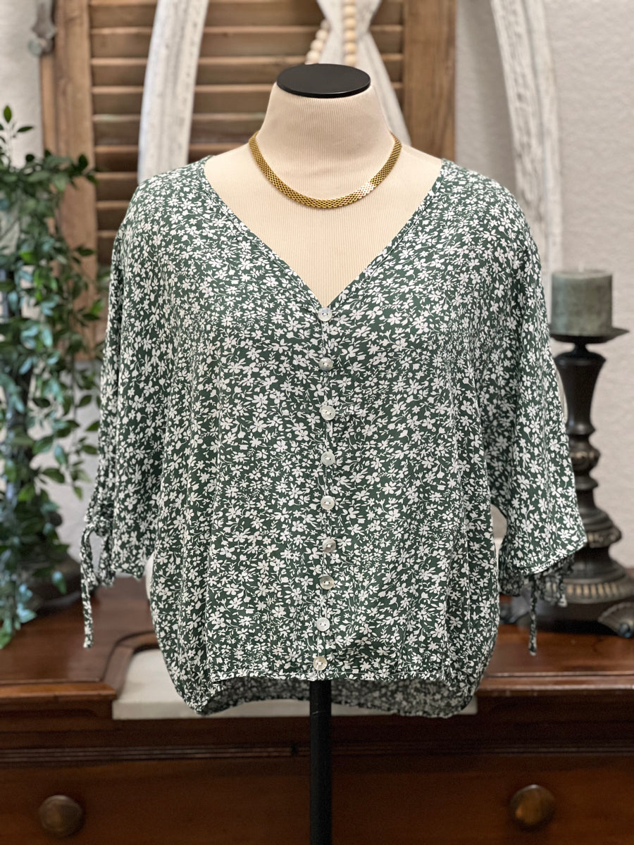 Paula Floral Button Down Top with Tie Accent Half Sleeves