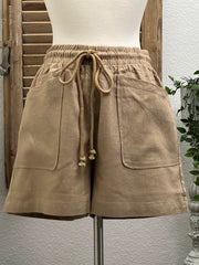 Maeve Comfy Linen Shorts with Drawstring Waist and Hip Pockets.