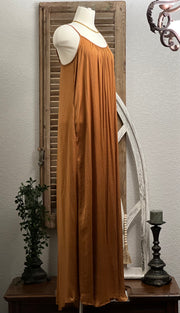 Joy Free Flow Copper Satin Maxi Dress with Adjustable Spaghetti Straps