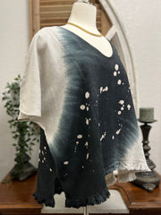Lisa Linen Blend Bleach Dip Dye V-Neck Tunic with Frayed Hemline