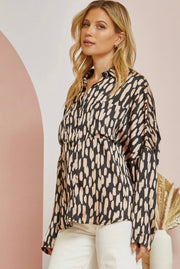 Meredith Printed Satin Long Sleeve Button Up Top - Spot On
