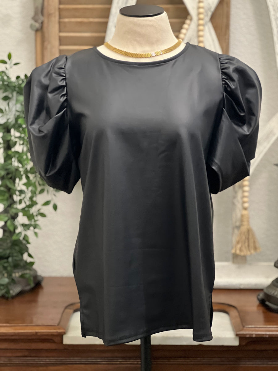Naomi Faux Leather Puff Sleeve Round Neck Blouse