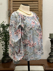 Felicity Azure Blue Floral Ruched Sleeve Top