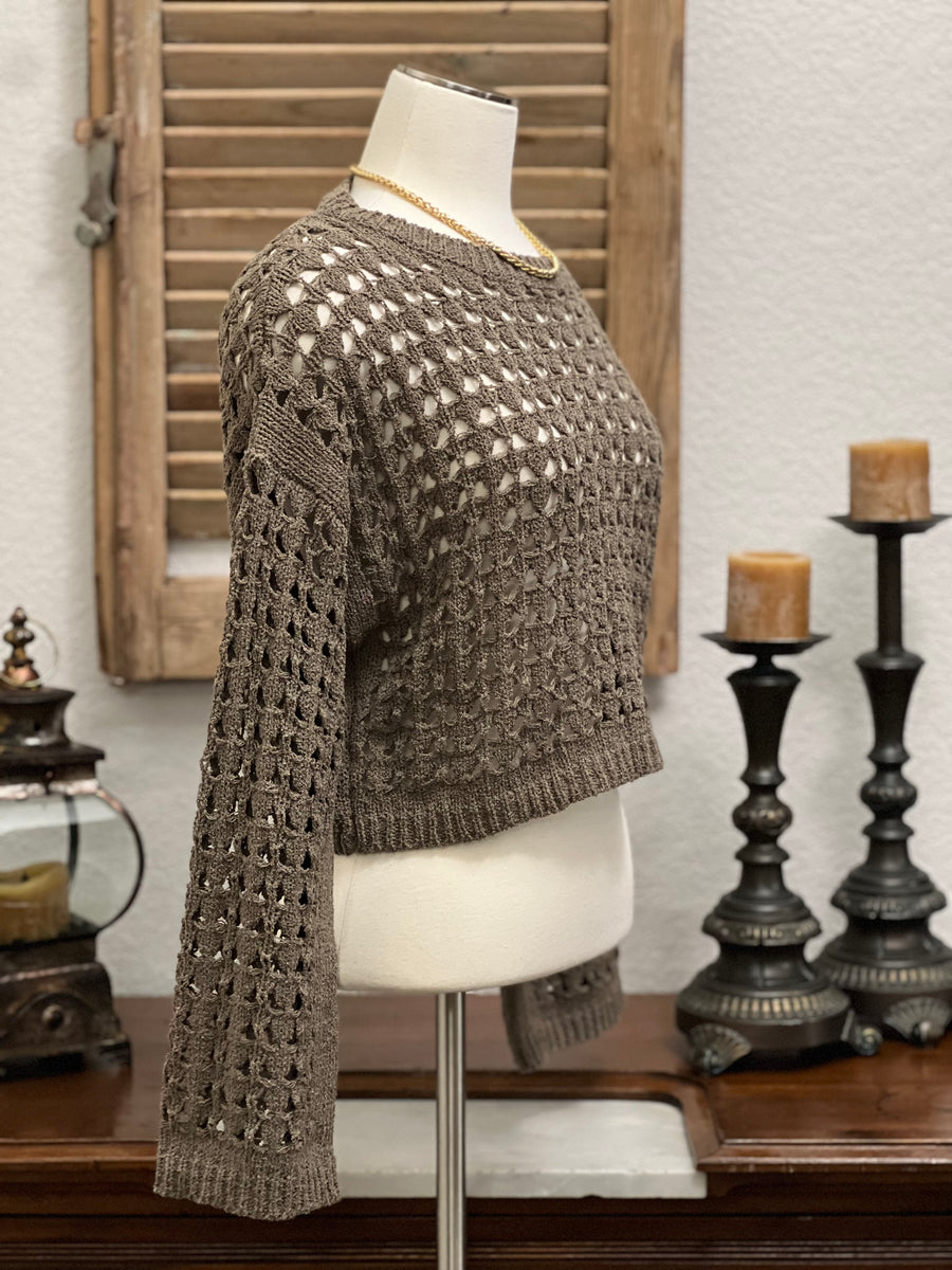 Mariette Long Flared Sleeve Open Knit Crop Sweater