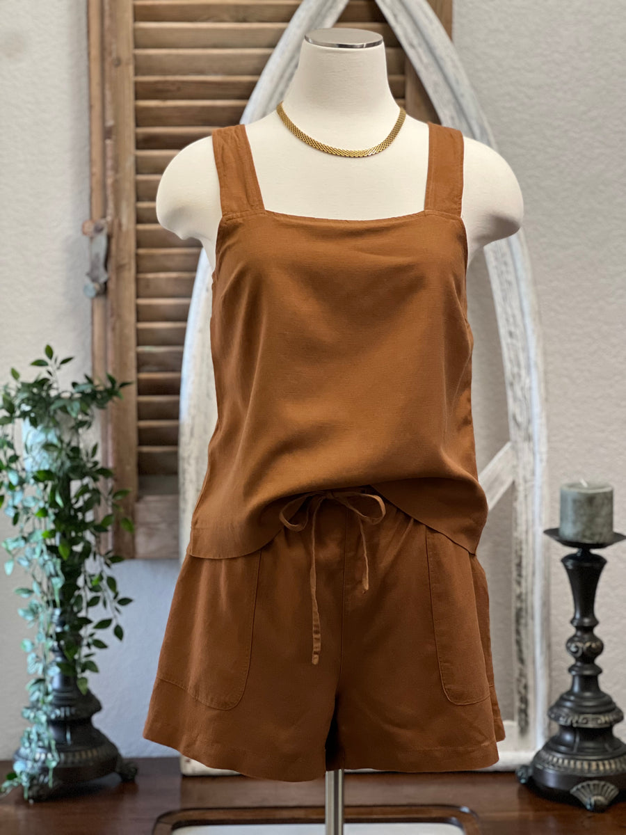 Renee Linen Sleeveless Square Neck Top and Shorts Two Piece Set