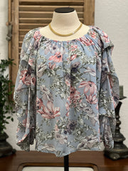 Felicity Azure Blue Floral Ruched Sleeve Top