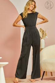 Catherine Cap Sleeve High Neck Elegant Textured Satin Jumpsuit