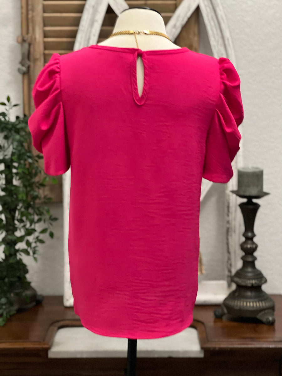 Martha Puff Sleeve Blouse Top - Hot Pink