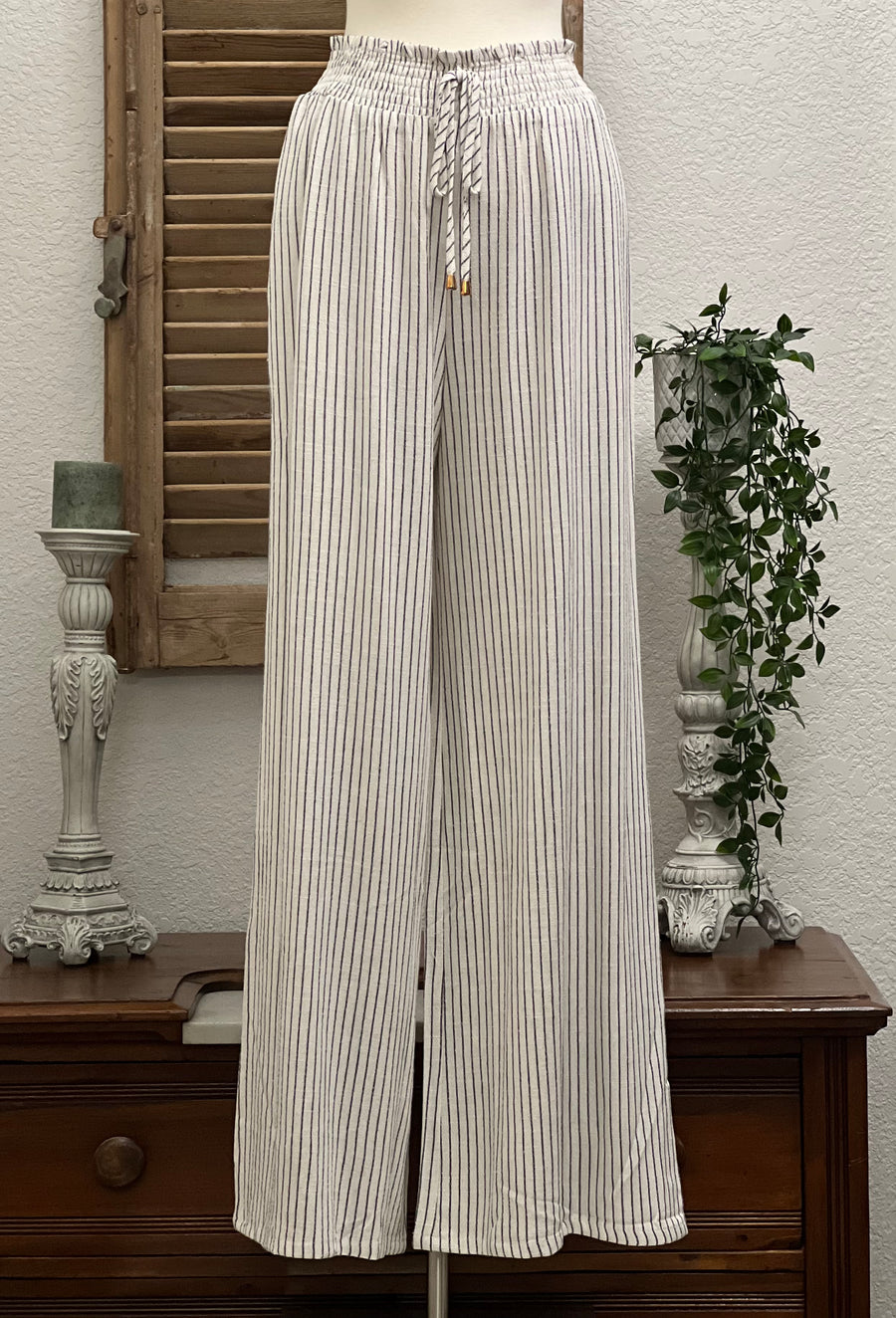 Shiloh Soft Linen Natural/Black Stripe Smocked Waist Wide Leg Pant