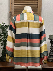 Giselle Wide Paint Stripe Satin Button Front Long Sleeve Shirt
